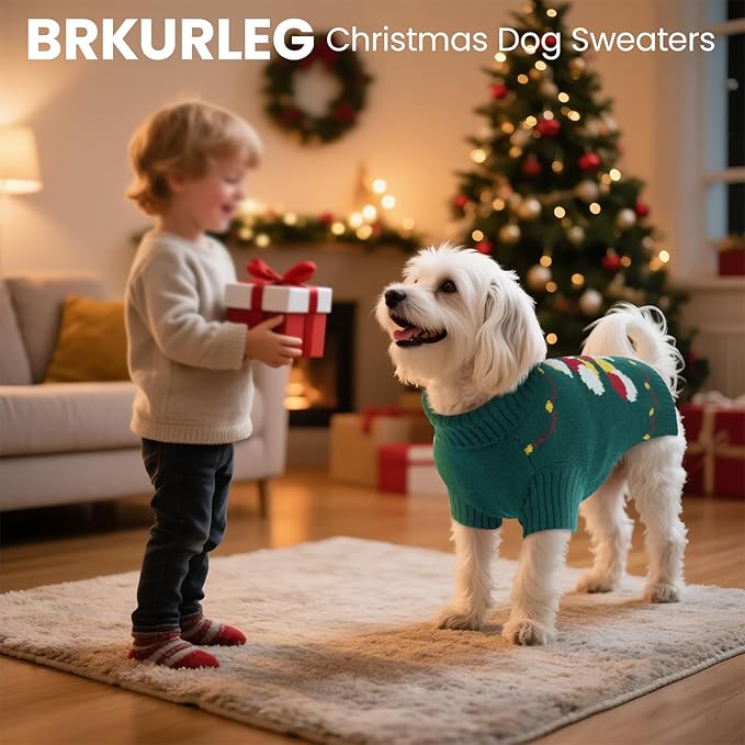 BRKURLEG Dog Sweaters, Christmas Dog Sweaters for Small Dogs Boy Girl, Warm Pet Sweater for Cold Weather, Xmas, New Year, Pet Pullover Sweater for Cats, Dachshund, Poodle, Shih Tzu (Green, S)