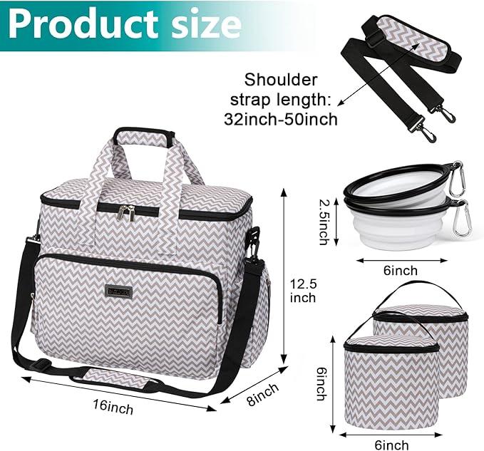 BAGLHER Dog Travel Bag, Pet Travel Bag (All Pet Travel Supplies), with 2 Pet Food Containers and 2 Collapsible Silicone Bowls; Essential Kits for Pet Travel BLW