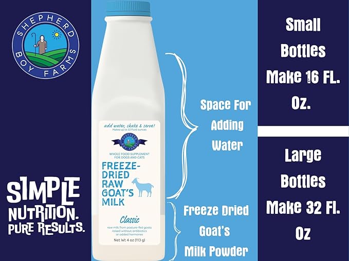 Shepherd Boy Farms Freeze Dried Raw Goats Milk with Probiotics for Dogs & Cats (Super Greens), Organic USA Veggies & Fruits, High Protein, Digestible Goat Milk Powder, Food Toppers - Makes 32 FL OZ