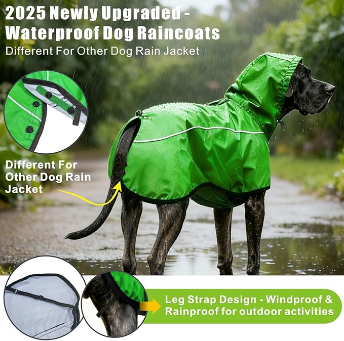 Mosucoirl Dog Raincoat Jacket Reflective Adjustable Hooded Pet Poncho Rain Coats with Leash Hole Waterproof Clothes for Small Medium Large Dogs (Green, XXL)