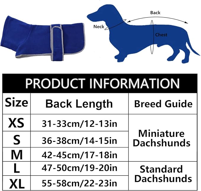 Geyecete Dachshund Sweaters - Dog Jacket, Dachshund Coat Perfect Winter Coat with Padded Fleece Lining and High Collar, Snowsuit with Adjustable Bands - Blue - XS