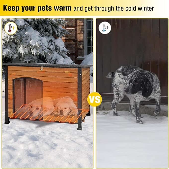 AIVITUVIN Outdoor Heated Dog House Anti Chewing Iron Frame Insulated Dog Kennel with Heating Pad Weatherproof Shelter （Brown,L）