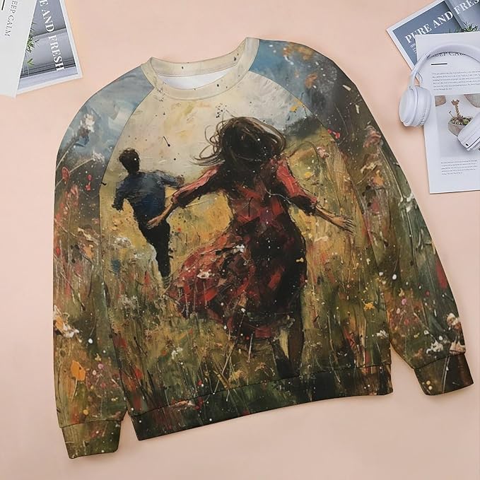 Long Sleeve Shirts for Women Cat Oil Painting Shirt 3D Graphic Sweatshirts Fall Pullover Crewneck Vintage Boho Tops