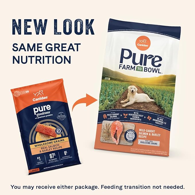 CANIDAE Pure Farm to Bowl Wild-Caught Salmon & Barley, Adult, Dry Dog Food, 22lb