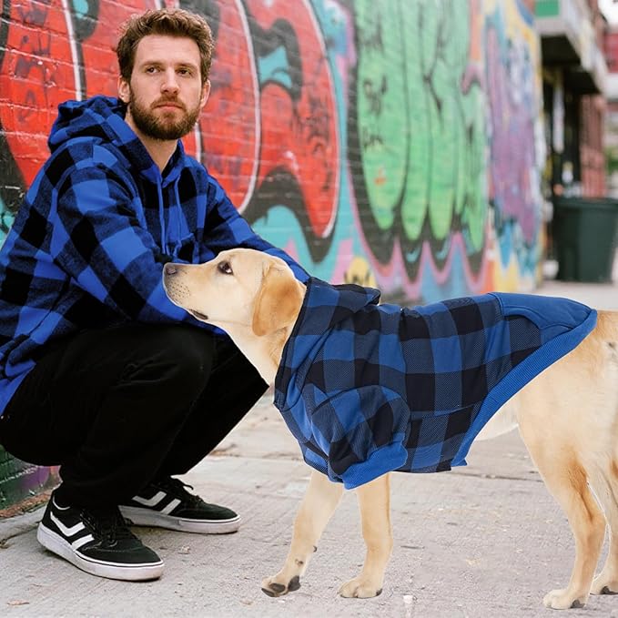 KOOLTAIL Plaid Dog Hoodie Pet Clothes Sweater with Hat and Pocket for Small Medium Large Size Dogs, Soft Winter Warm Dog Cold Weather Coat, Fleece Fall Dog Hooded Sweatshirt for Puppy Cats, Blue XL