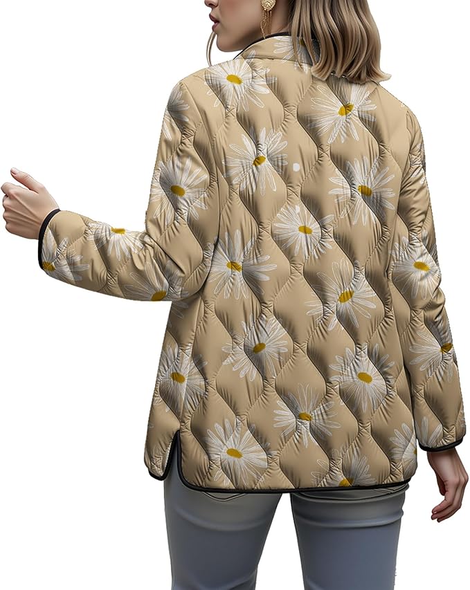 LIZALIG Women's Cropped Puffer Jacket Lightweight Floral Print Long Sleeve Padded Quilted Puffy Cardigan Coat