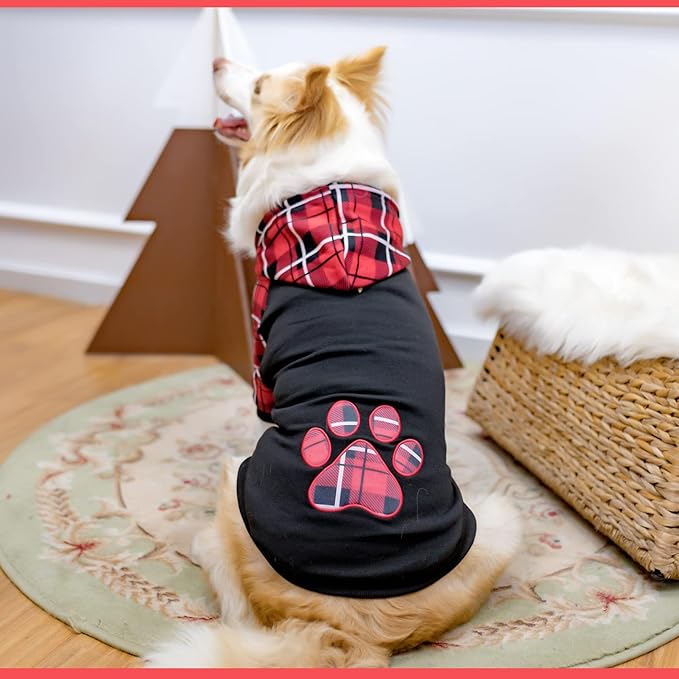 KOOLTAIL Plaid Dog Hoodie Pet Clothes Sweater with Hat and Pocket for Small Medium Large Size Dogs, Soft Winter Warm Dog Cold Weather Coat, Fleece Fall Dog Hooded Sweatshirt for Puppy Cats, Red L