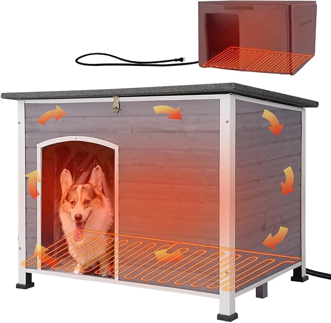 GUTINNEEN Heated Dog House Outdoor 43.3" Large Dog Kennel with Metal Frame Insulated Dog Crate Cage for Large Dogs Outside with Heater and Insulated Liner, Grey
