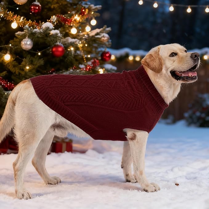 PUPTECK Dog Sweater, Turtleneck Warm Knitted Pullover Coat, Thick Cable Knitwear Clothes in Winter, Pet Apparel Outfits for Small Medium Dogs, for Cold Weather Indoor & Outdoor, Deep Red M