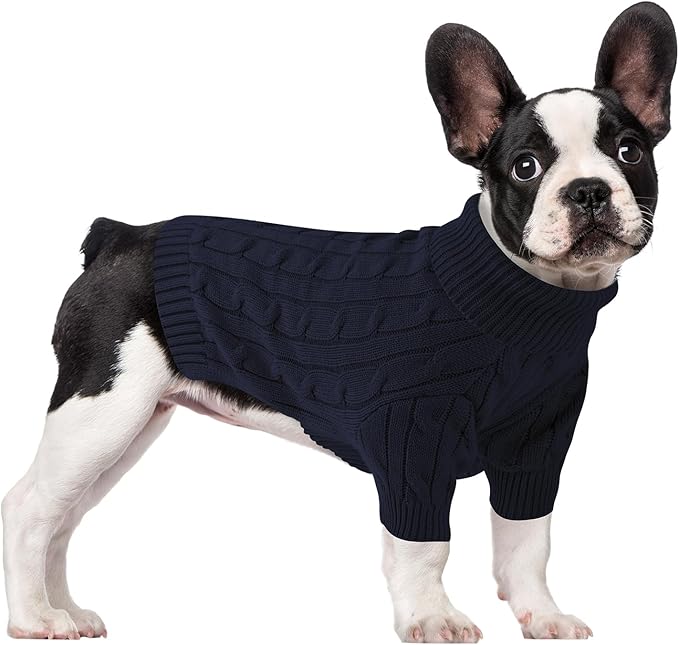 Small Dog Thermal Pullover Sweater, Classic Turtleneck Cable Knitwear Dog Clothes for Cold Weather Warm Pet Clothes for Chihuahua, Bulldog, Dachshund, Pug Navy XX-Large