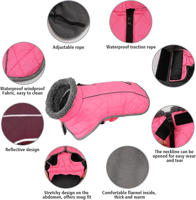 Fragralley Dog Coat Large, Waterproof Dog Jacket with Warm Fleece Lining, Adjustable Reflective Dogs Winter Coat, Turtleneck Pet Coats for Cold Weather (Pink XXXL)