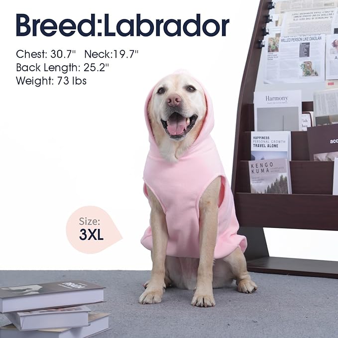 IECOii Dog Sweatshirt for Large Dogs, Hooded Fleece Vest with Leash Hole, XXXL Dogs Sweater for Giant Breed,Warm Polar Fleece Large Dog Hoodie for Fall Winter,Labrador,Doberman, Pink, 3XL