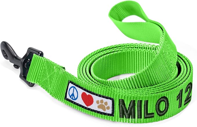 Pawtitas Personalized Dog Leash - Embroidered Custom Leash with Pet Name & Phone Number, 6 ft Long, Green, Custom Engraved Name