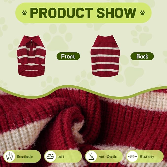 Small Dog Sweater with Zipper, Knitted Striped Pullover Dog Clothes for Cold Weather, Thick Warm Cozy Stretchy Sweater for Chihuahua, Bulldog, Dachshund, Pug(Red & White Strip, XL)