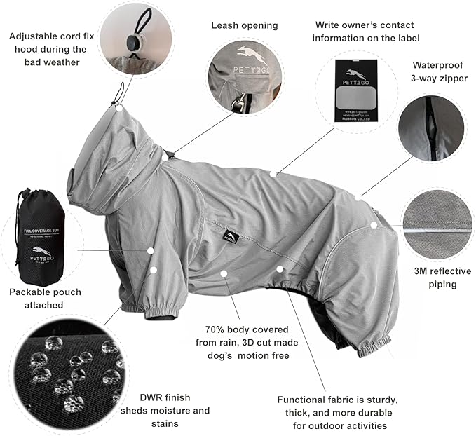 Dog Lightweight Windbreaker, Pet Outdoor Sports Jacket, 0.5 lbs,3 in One, Hooded, Easy on/Off with Collar and Harness, Reflective Piping, Packable, Dog Hiking/Camping, Grey (Large)