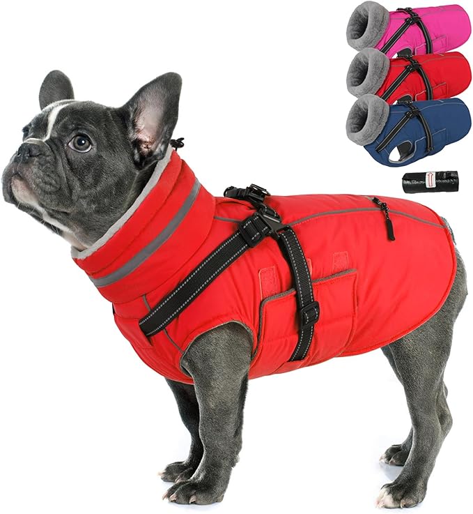 PETDSH Dog Coat Medium, Built-in Harness Dog Jacket with Warm Fleece Lining, Waterproof Reflective Dogs Winter Coat, Pet Coats with Pocket and Trash Bags (Red, Medium)