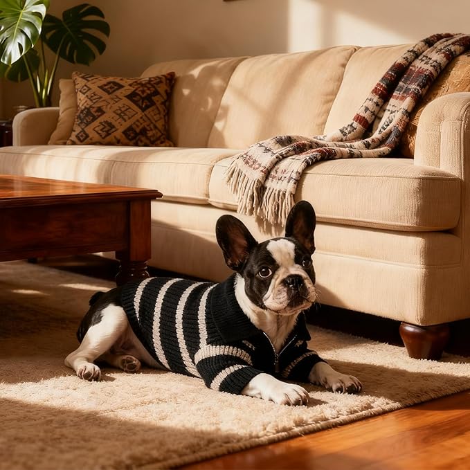 Small Dog Sweater with Zipper, Knitted Striped Pullover Dog Clothes for Cold Weather, Thick Warm Cozy Stretchy Sweater for Chihuahua, Bulldog, Dachshund, Pug(Black & White Strip, XXL)