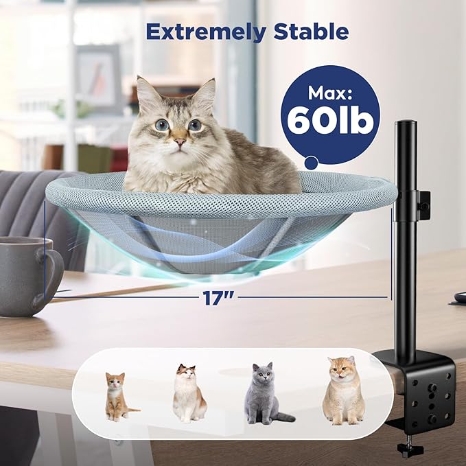 Cat Desk Bed - 360° Rotating & Height Adjustable Cat Hammock Perch, Sturdy Cats Bed for Desk with Removable Washable Cover, Supports Up to 60lbs, Perfect for Indoor Cats