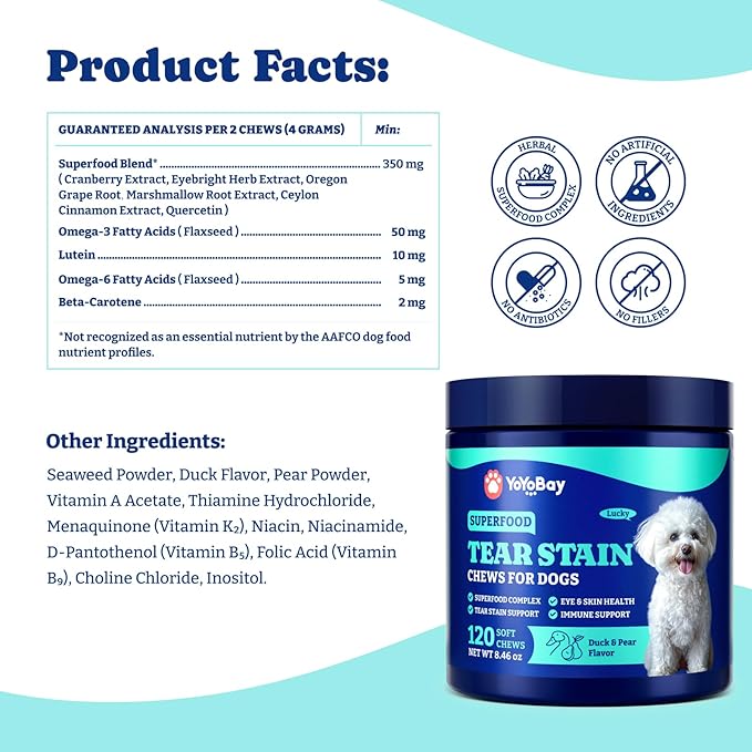 Tear Stain Support Soft Chews for Dogs – for Eye Health, Vision & Immune Support, Tear Stain Relief - Superfood Blend with Lutein & Omega-3, Vet-Formulated – 120 Count, Duck & Pear Flavor