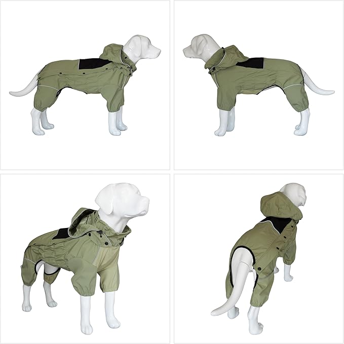 LOVELONGLONG Waterproof Dog Raincoat with Removable Hood – Outdoor Full Body Dog Jacket, Windproof Snowproof Shell Suit – All Season Pet Rain Gear Sage Green XS