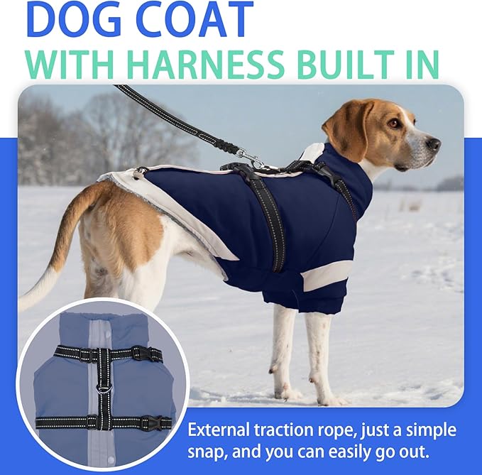 MIGOHI Dog Coat with Harness Built in, 2-in-1 Windproof Dog Winter Jacket, Thermal Reflective Snowsuit with Turtleneck, Back Zipper Fleece Coat for Small Dogs, Yorkshire Terrier, Navy Blue, S