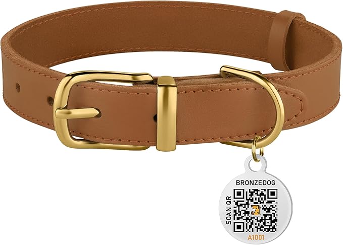 BronzeDog Leather Dog Collar Buckle Durable Pet Collars for Small Medium Large Dogs Puppy Cat Kitten Red Pink Purple Green Brown Black (19-21 Inch (Pack of 1), Light Brown)