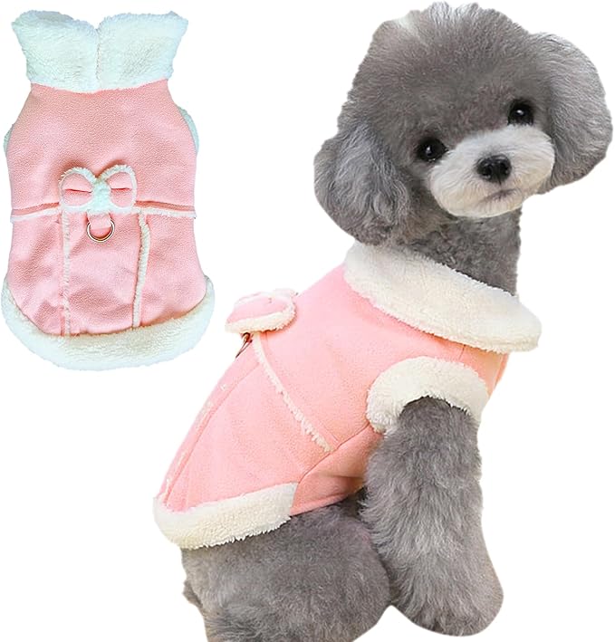 Jecikelon Bowtie Dog Cold Weather Coat Fleece Lining Warm Pet Puppy Turtleneck Dogs Winter Clothes for Small Dogs with D-Ring (Pink, X-Large)