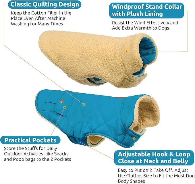 Queenmore Dog Winter Coat Warm Puffer Jacket Waterproof Plush Lining Thermal Cold Weather Vest for Small Medium Large Dogs, Windproof Easy On Pet Jacket Blue XL