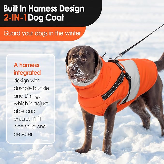 AOFITEE Dog Winter Coat, Dog Coat with Harness Built in, Dogs Jacket for Large Dogs, Reflective Waterproof Pet Puffer Jacket Snowsuit, Warm Fleece Windproof Pet Sweater for Cold Weather, XL