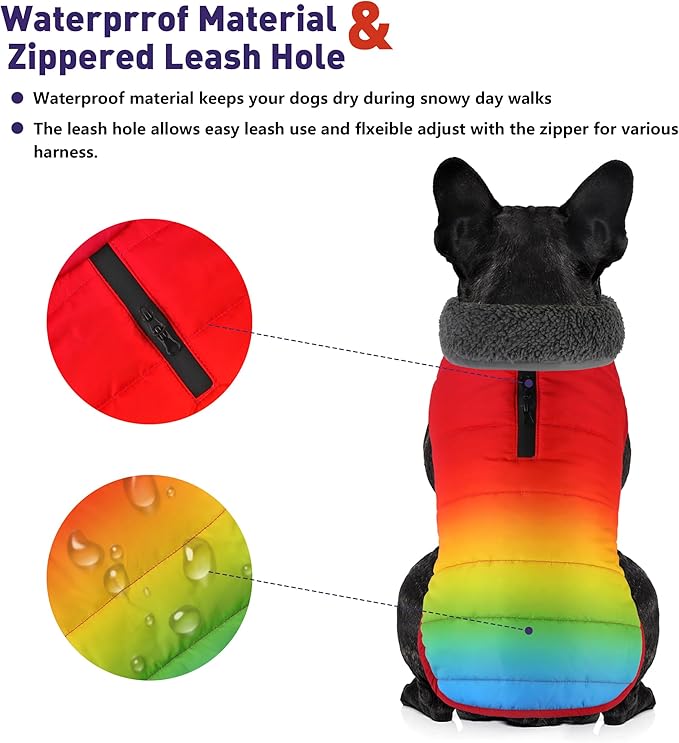 Dog Winter Coat, Waterproof Dog Jacket with Leash Hole, Reflective Adjustable Pet Snow Vest, Warm Fleece Sweater for Small Medium Large Dogs - Rainbow, M