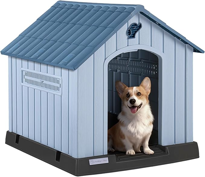 PUKAMI Large Dog House Outdoor Indoor, Plastic Dog House Weatherproof for Large Dogs, Study Puppy Shelter with Air Vents and Elevated Floor, Easy Clean and Assemble (Blue, 31.5"D x 33.5"W x 33.9"H)