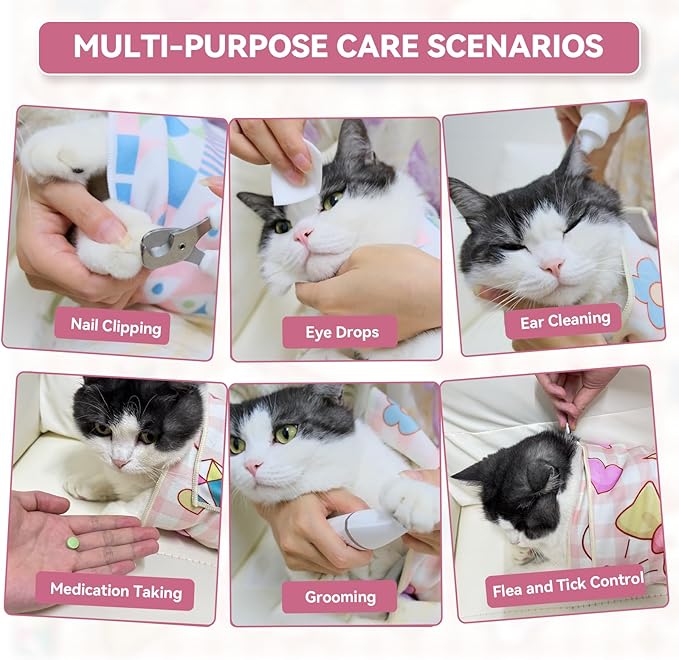 Cat Grooming Wrap for Cutting Nails, 27.6" Anti-Escape Calming Cat Swaddle Wrap for Medicine, Nail Clipping, Teeth Brushing, Ear Cleaning, Self-Adherent Burrito Restraint, (Happy Kitty, L)