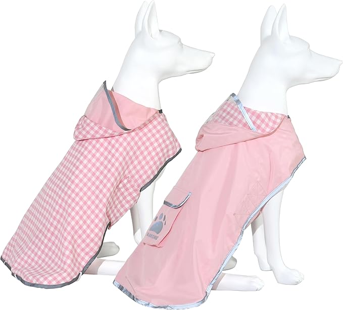 MAMORE Dog Raincoat Reversible,Waterproof Dog Rain Coat Hooded Slicker Poncho with Reflective Strip, Plaid Double Layer Rain Jacket for Small Medium Large Dogs (Pink, Large)