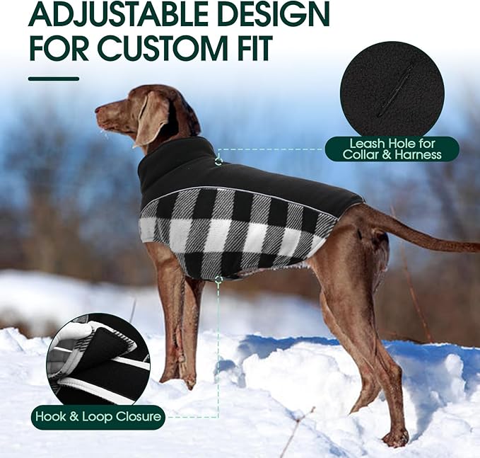 Kuoser Dog Winter Coat, Reversible Waterproof Dog Jacket with Leash Hole, Warm Dogs Fleece Vest Adjustable Doggy Cold Weather Clothes Plaid Christmas Outfit Pet Apparel for Extra Large Dogs, Black 3XL