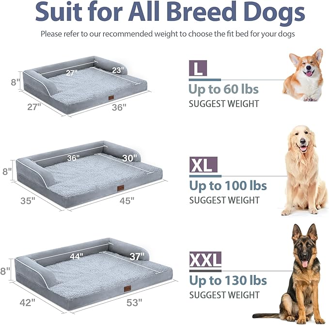 Orthopedic Dog Beds for Large Sized Dogs, Waterproof Egg Crate Foam Large Dog Couch Beds with Comfy Bolster 36x27Inch, Washable Pet Beds with Removable Cover and Nonskid Bottom, Grey