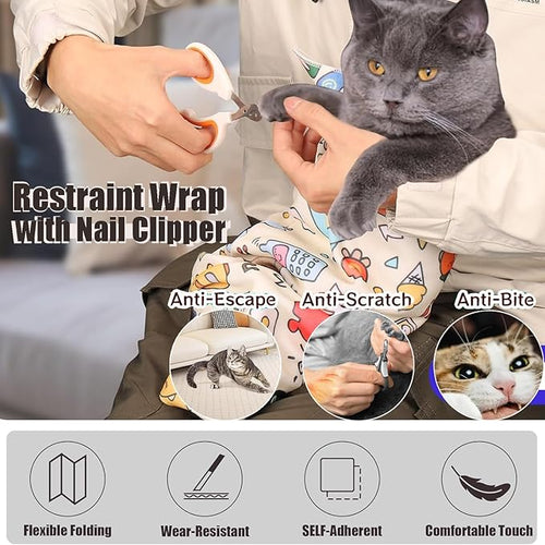 35.5'' Cat Grooming Wrap Cat Wrap for Cutting Nails, Anti-Escape Cat Restraint Wraps for Medicine Nail Clipping Ear Cleaning, Self-Adherent Cat Swaddle Wrap with Nail Clipper - Within 22lbs