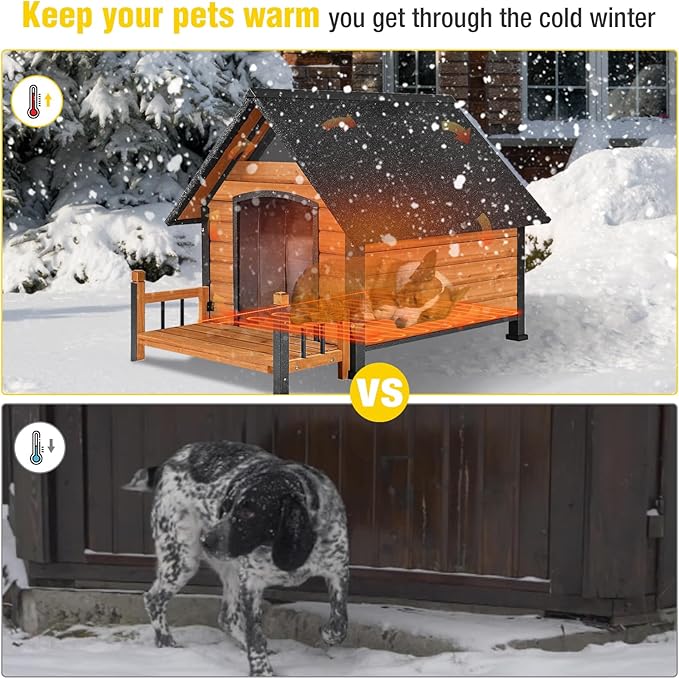 AIVITUVIN Heated Outdoor Dog House Insulated Liner with Anti-Chewing Iron Surround Dog Kennel Dog Shelter Weatherproof (Brown, 45" D x 32.9" W x 32.6" H)
