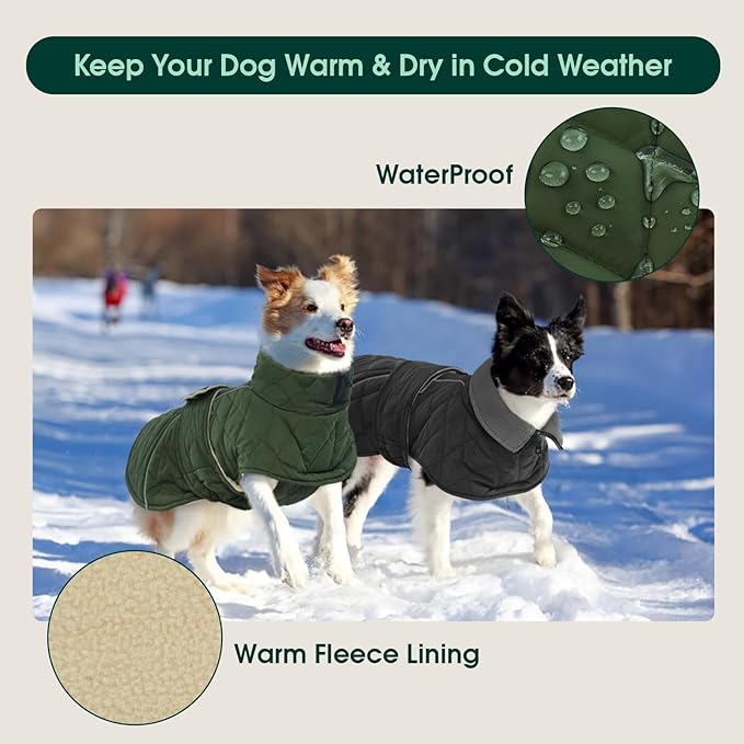 Kuoser Extra Warm Dog Jacket for Medium Dogs, Fleece Lined Dog Turtleneck Snow Suits, Windproof & Reflective Pet Winter Coat Cold Weater Clothes for Dogs, Green M