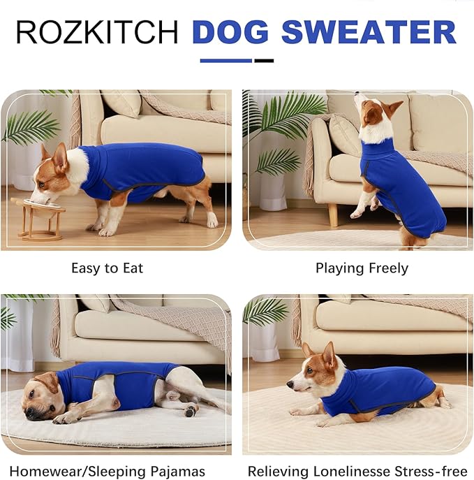 ROZKITCH Dog Winter Coat Soft Pullover Pajamas with Built-in Leash Hole, Pet Windproof Warm Cold Weather Jacket Vest Cozy Jumpsuit Apparel Outfit Clothes for Walking Hiking Travel Sleep Blue S