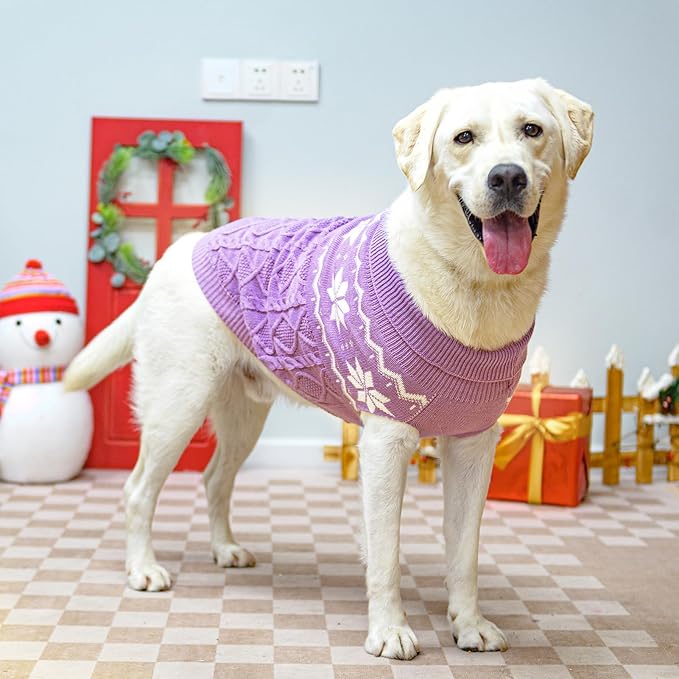 Warm Winter Dog Sweater - Cold Weather Pet Clothes for Small Medium Large Dogs Indoor Outdoor, Soft Classic Knit Puppy Apparel, Purple, M