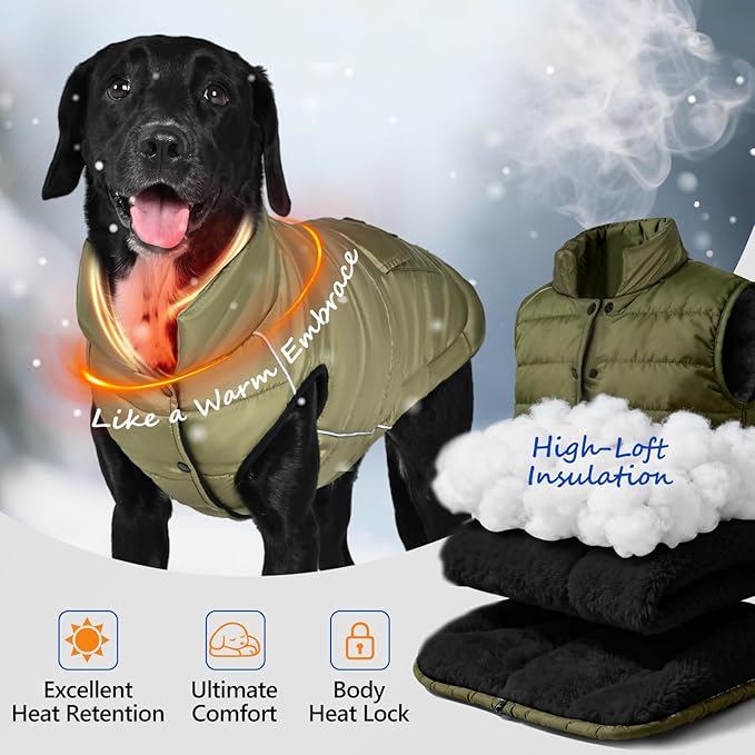 Dog Winter Jacket Waterproof, Reflective Fleece Lined Dog Coats for Small Medium Large Dogs, Warm Snow Coat for Dogs, Insulated Cold Weather Dogs Puffer Jackets with Leash Hole, Olive, 3XL