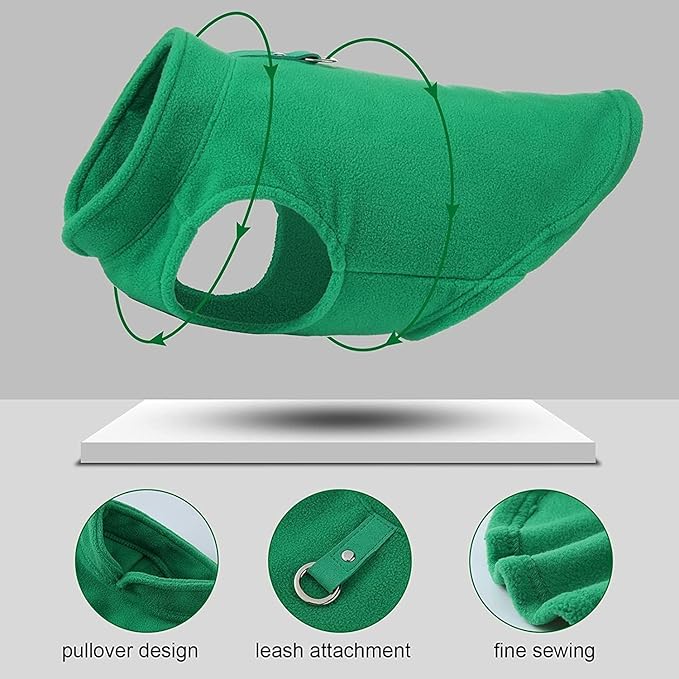 JACKO & CO - Fleece Vest Dog Sweater with Leash Ring - Soft, Warm & Lightweight Pullover Coat for Small & Medium Dogs, Puppies & Cats - Cozy Fall/Winter/Spring Pet Jacket (Green, Small 4-6lbs)