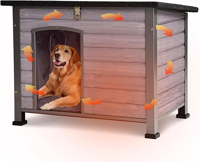 GUTINNEEN Large Outdoor Insulated Dog House Indestructible Dog Shelter Weatherproof Dog Kennel with Chew-Proof Metal Frame, Openable Roof for Small to Large Dog Breeds (Grey, 33.5"L x 22"W x 25.2"H)