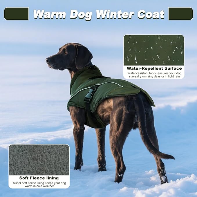 DENTRUN Extra Large Warm Dog Jacket - Windproof Water Repellent Reflective Coat, Adjustable Plush Turtleneck, Easy Wear Fleece Lined Cold Weather Vest for Great Dane, Army Green, XXXL