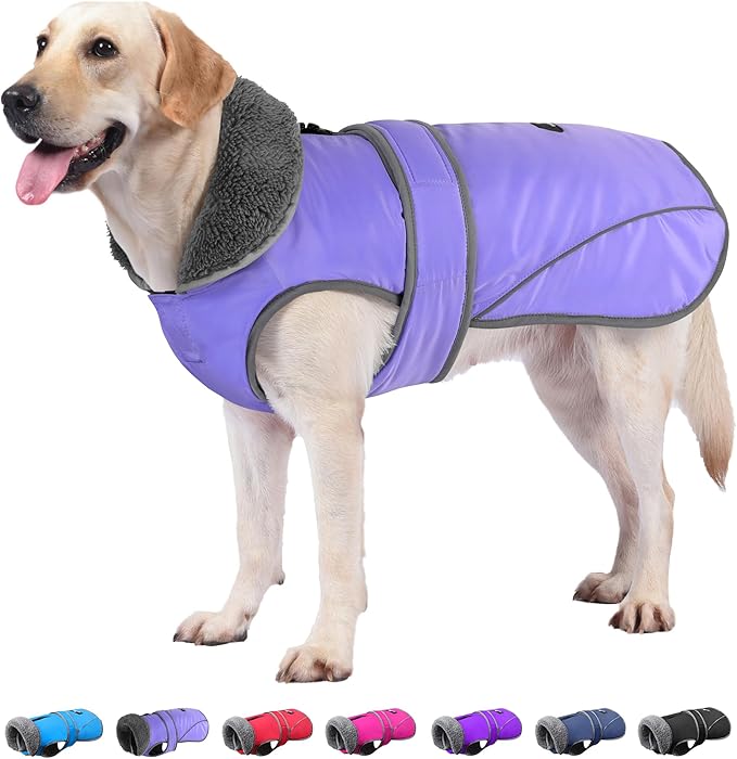 Dogcheer Dog Coat, Waterproof Dog Jacket Reflective Pet Winter Coat with Adjustable Hook & Loop, Christmas Puppy Fleece Jacket Warm Turtleneck Snowsuit for Small Medium Large Dogs - Taro Purple, L