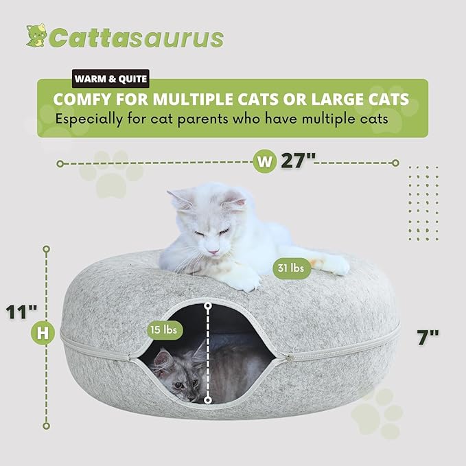 Cattasaurus Peekaboo Cat Cave, Extra Spacious for Multiple & Large Cats 12+ lbs, Scratch Detachable Beds for Indoor Cats, Washable Tunnel Bed, Comfy Cat Donut Tunnel (Light Gray+Light Gray, Jumbo)