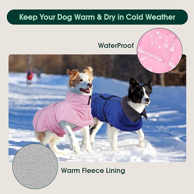Kuoser Dog Coat, Extra Warm Dog Jacket Windproof Dogs Cold Weather Coats for Large Dogs, Fleece Lining Turtleneck Puppy Snowsuit Reflective Adjustable Pet Winter Clothes Christmas, Pink L
