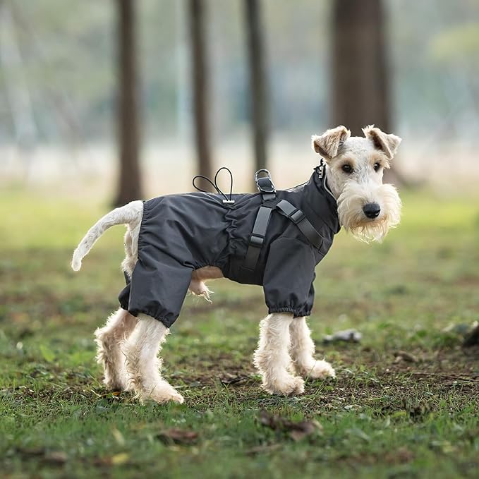 Mile High Life Waterproof Dog Raincoat, Full Coverage Small Dog Rain Coat with Harness, Adjustable 4 Legs Puppy Rain Jacket with Reflective Strip and Elastic Cuffs (Gray, S Back Length 13")