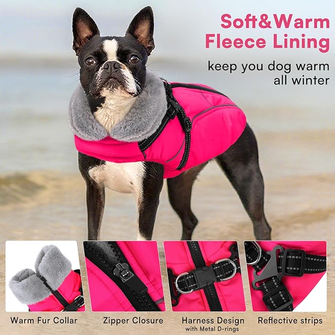 Queenmore Dog Jackets for Large Dogs, Dog Coat with Harness Built in,Waterproof Dogs Coats with Zipper On Back,Warm Fleece Lining Cold Weather Pet Coats with Furry Collar for Labrador,Rosered,L