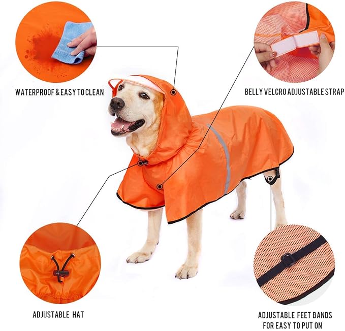 Dog Raincoat with Adjustable Belly Strap and Leash Hole - Hoodie with Reflective Strip - Waterproof Slicker Lightweight Breathable Rain Poncho Jacket for Medium Large Dogs - Easy to Wear, Orange 6XL